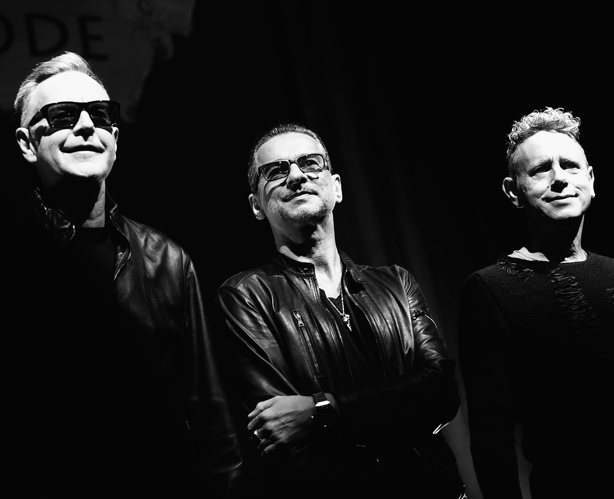 MILAN, ITALY - OCTOBER 11:  (EDITORS NOTE: Image has been converted to black and white.) Depeche Mode attend a photocall to launch the Global Spirit Tour on October 11, 2016 in Milan, Italy.  (Photo by Vittorio Zunino Celotto/Getty Images)